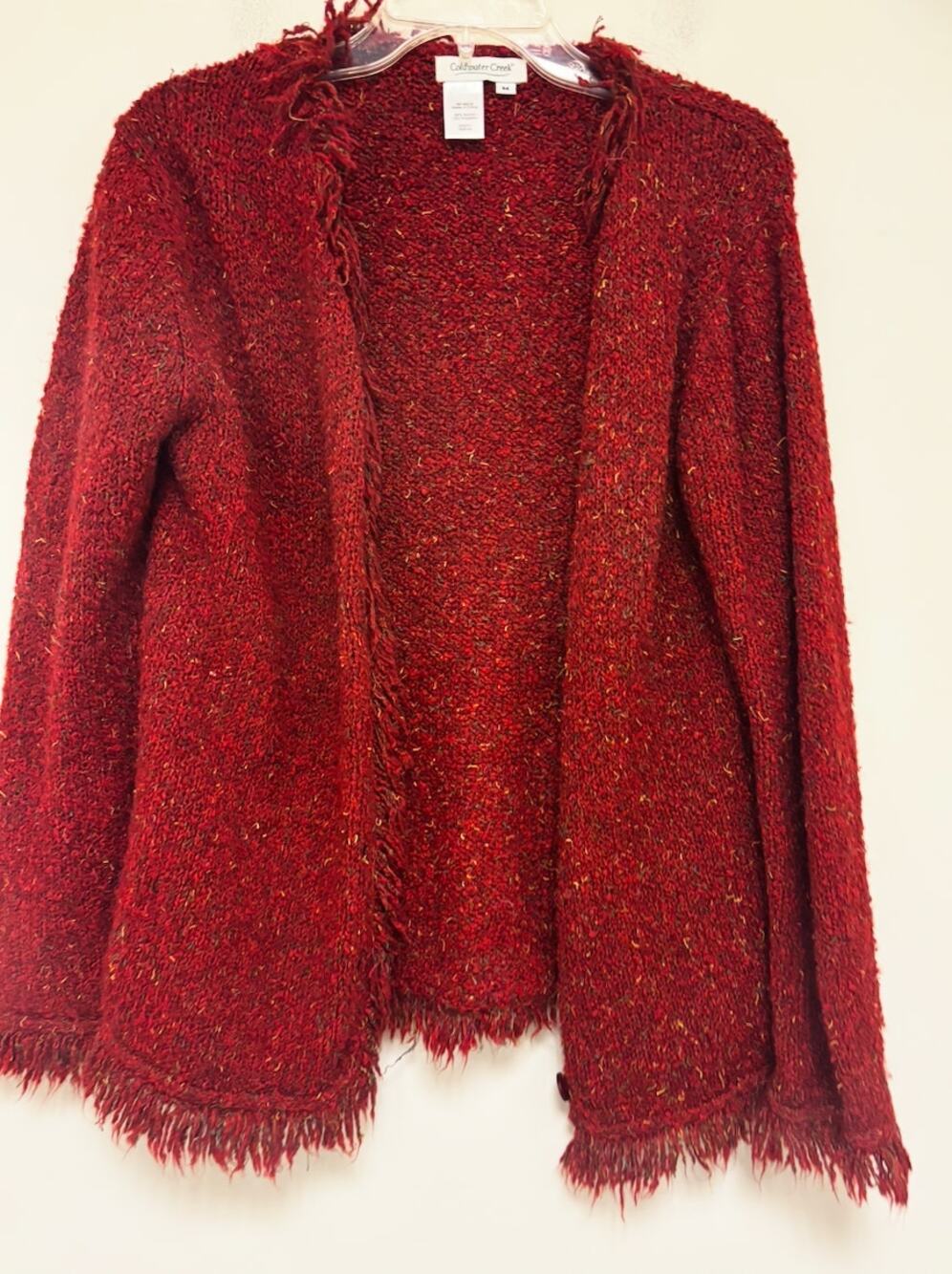 Coldwater Creek red speckled knit cardigan sweater Fringe Size Medium